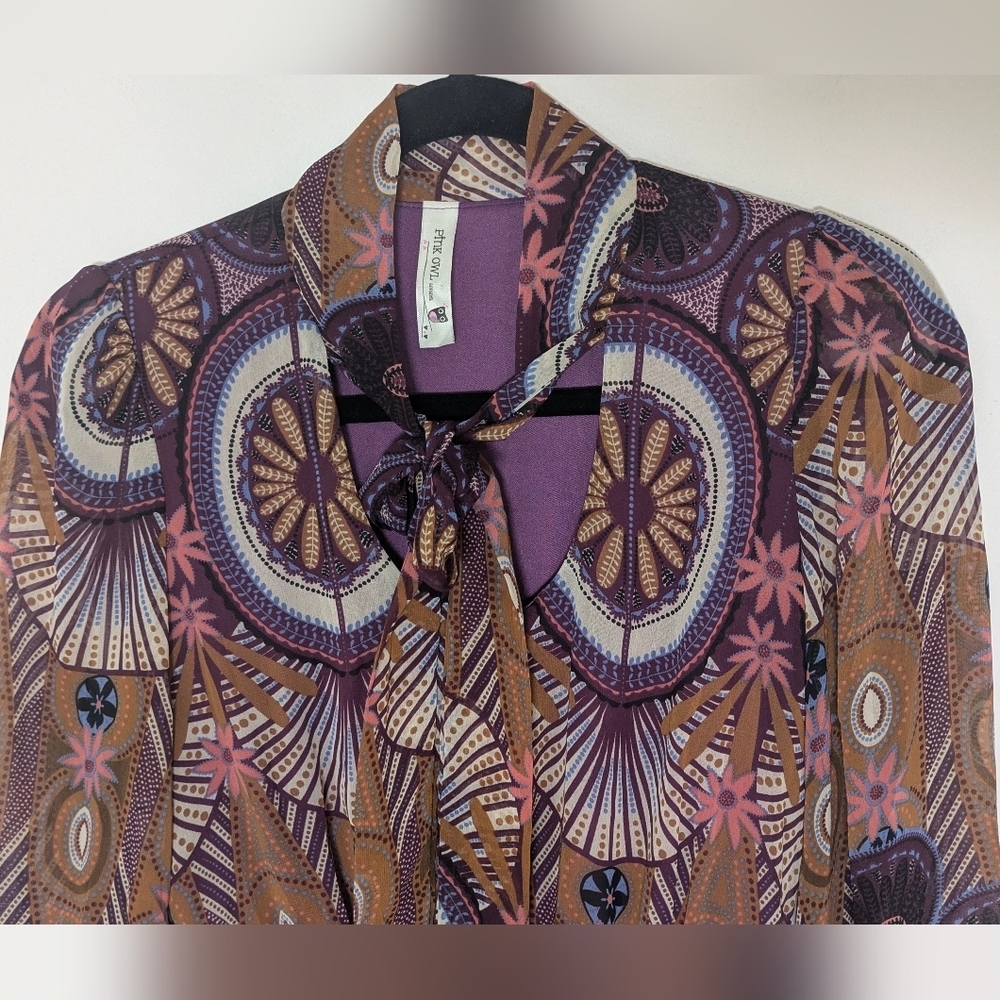 Pink Owl Boho Retro Sheer Dress Purple Geometric Print Tie Neck Bow Size s - Picture 3 of 8